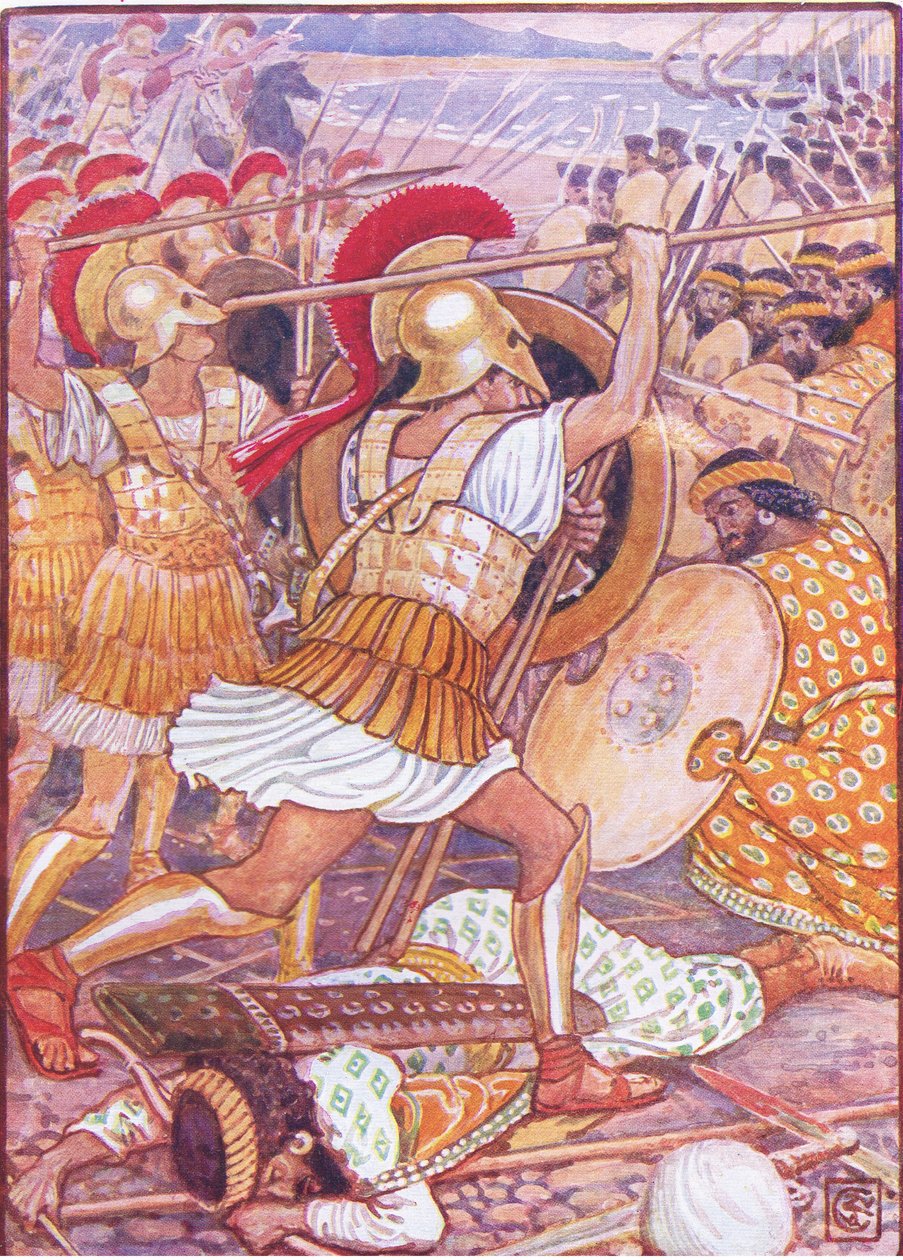 Z ogromną siłą zderzyli się z armią perską, ilustracja z Historii Grecji, lata 30. XX wieku autorstwa Walter Crane