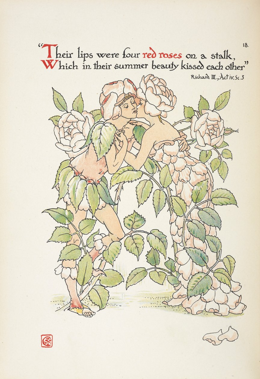 Dwie postacie całujące się przebrane za róże autorstwa Walter Crane