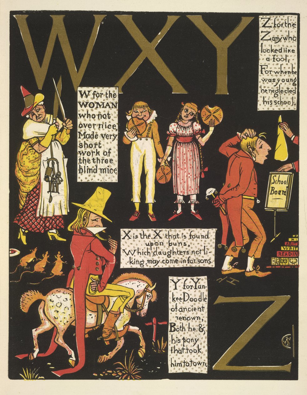 WXYZ-W dla kobiety, która nie była zbyt miła; X to X, który znajduje się na bułkach; Y jak yankee doodle; i Z dla szaleńca, który wyglądał jak głupiec autorstwa Walter Crane