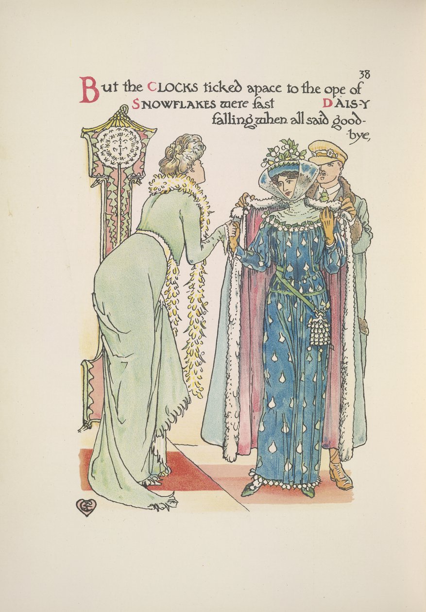 Goście weselni wyjeżdżają. Żegnająca pani; mężczyzna pomaga jej włożyć płaszcz autorstwa Walter Crane