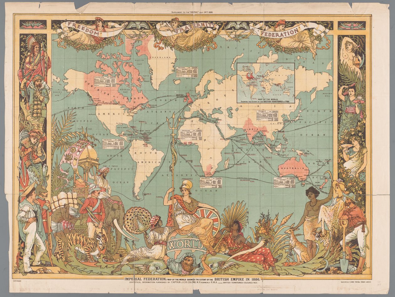 Mapa świata przedstawiająca kolonialne imperium brytyjskie, 1886 r Federacja Cesarska, mapa świata przedstawiająca zasięg Imperium Brytyjskiego w 1886 r. (tytuł na obiekcie) autorstwa Walter Crane