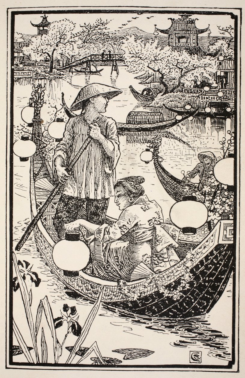 Kiedy nadszedł wieczór, wsiedli do swojej łodzi i ozdobili ją kwiatami od dziobu do rufy, ilustracja z "Mrs Burton Harrison