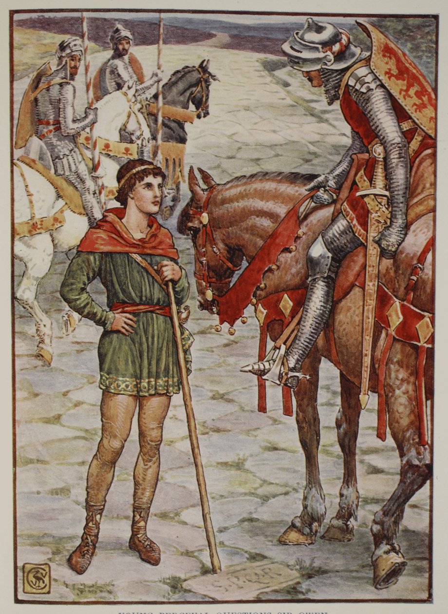 Pytania młodego Percivala Sir Owen, z „Historii Rycerzy Okrągłego Stołu” Henry