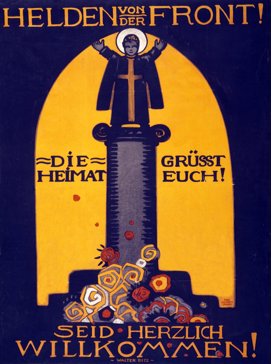 Bohaterowie niemieckiego plakatu I wojny światowej z frontu, Ojczyzna cię wita! Witamy pub. 1915 (litografia kolorowa) autorstwa Walter Ditz