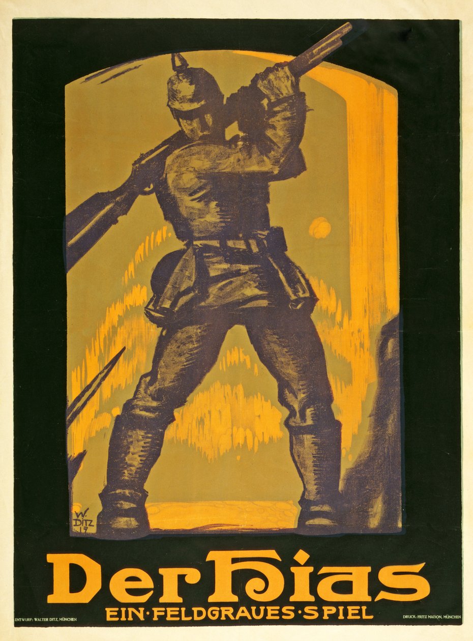 Plakat reklamujący sztukę The Hias, polową grę Heinricha Gilardone, opublikowaną w 1917 r. autorstwa Walter Ditz