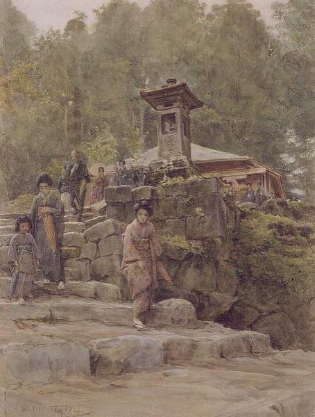 „Podejście do wiejskiej kapliczki”, ilustracja do „Japonia i Japończyków”, wyd. przez Methuen autorstwa Walter Frederick Roofe Tyndale