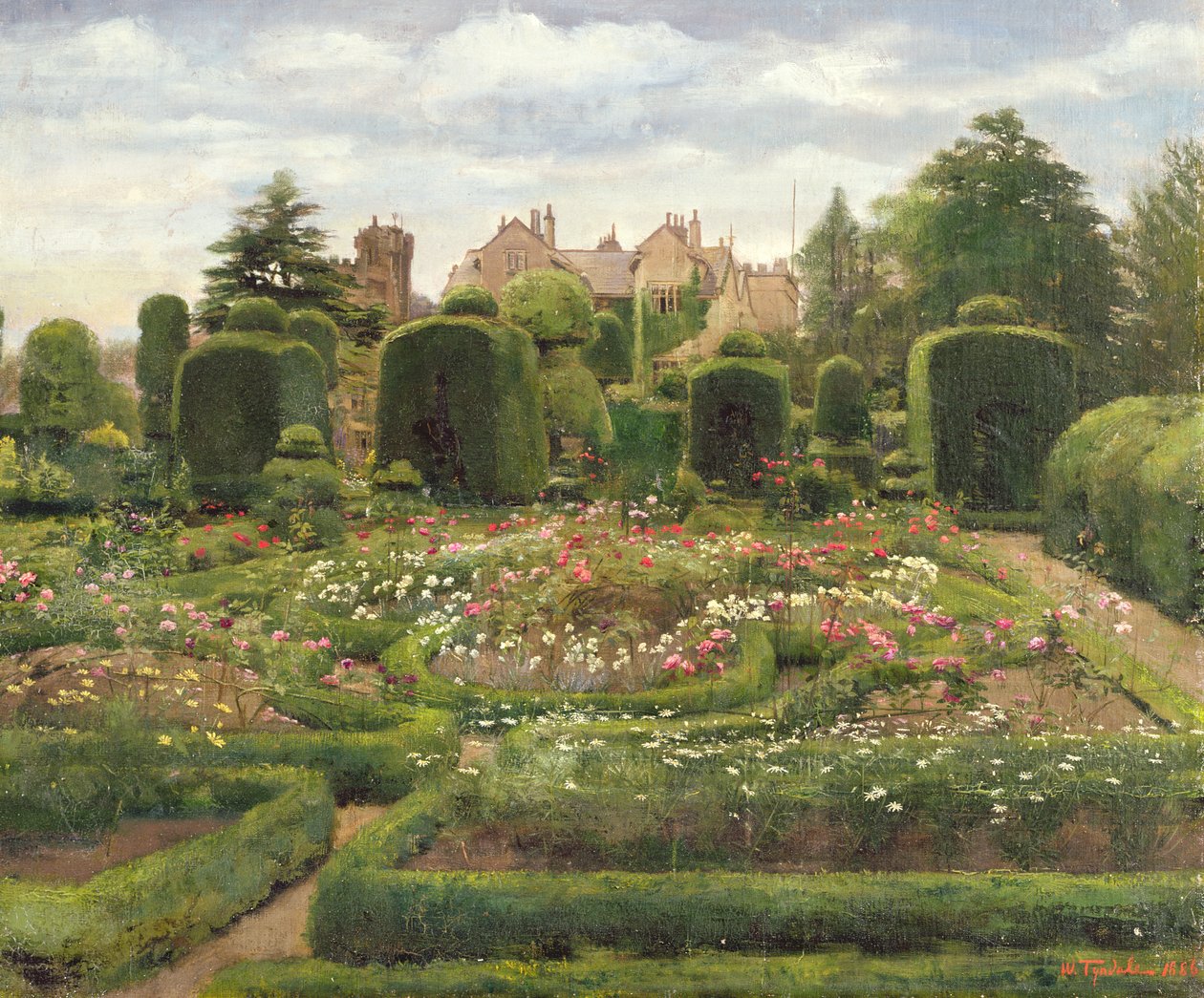 Ogrody Topiary, Levens Hall, Cumbria, 1886 (olej na płótnie ułożony na płycie) autorstwa Walter Frederick Roofe Tyndale