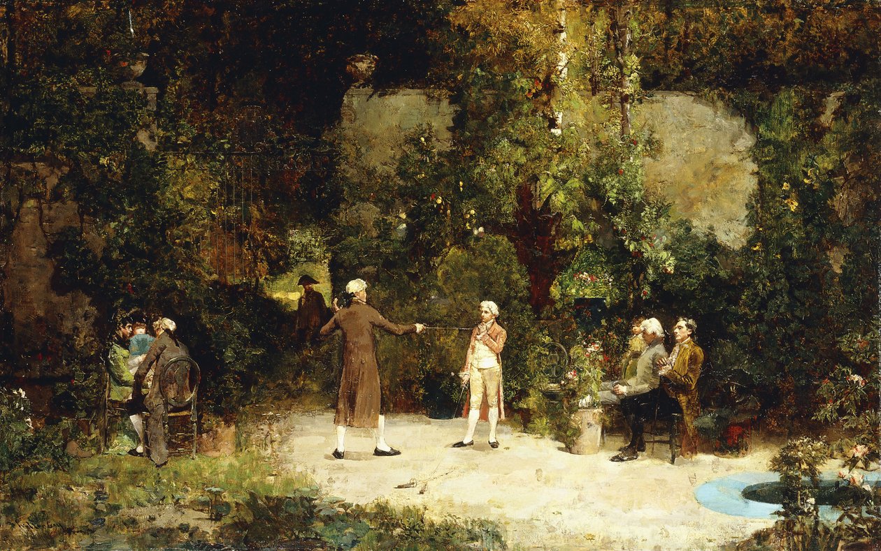 Lekcja szermierki, ok. 1879 (olej na płótnie) autorstwa Walter Gay