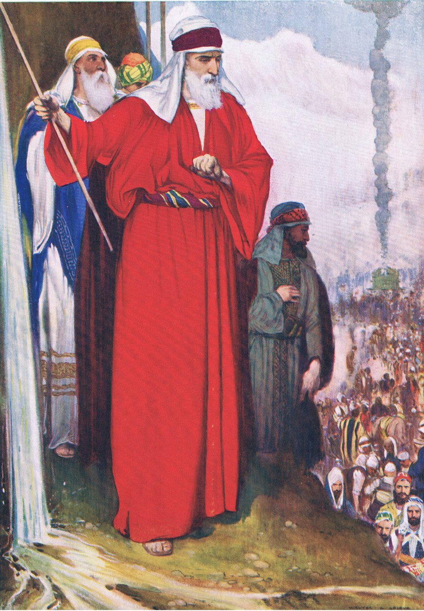 Smiting the rockat Meriba, z The Bible Picture Book wydanej przez Thomasa Nelsona, ok. 1950 autorstwa Walter Grieve