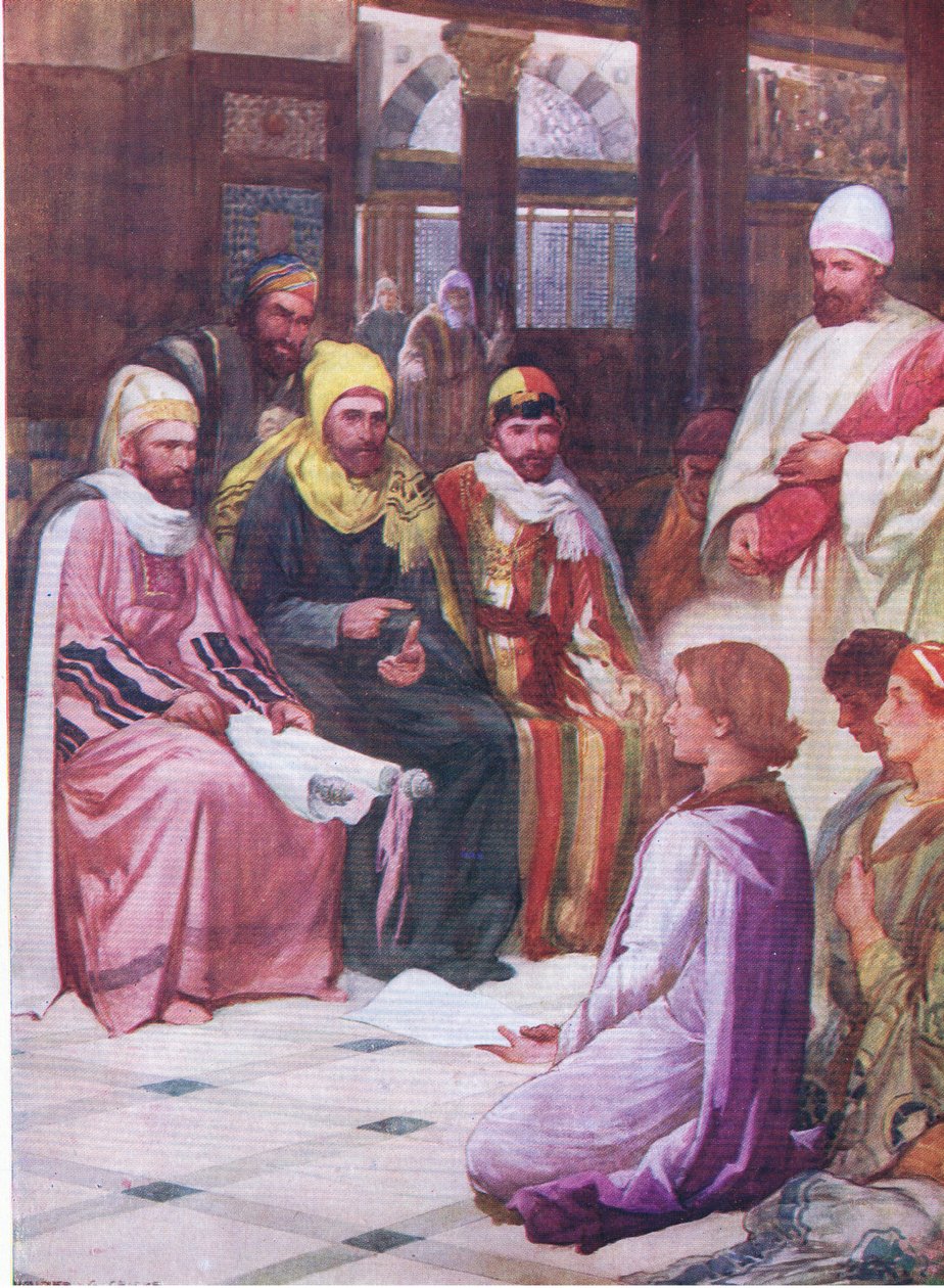 Mały Jezus w świątyni, z The Bible Picture Book wydanej przez Thomasa Nelsona, ok. 1950 autorstwa Walter Grieve