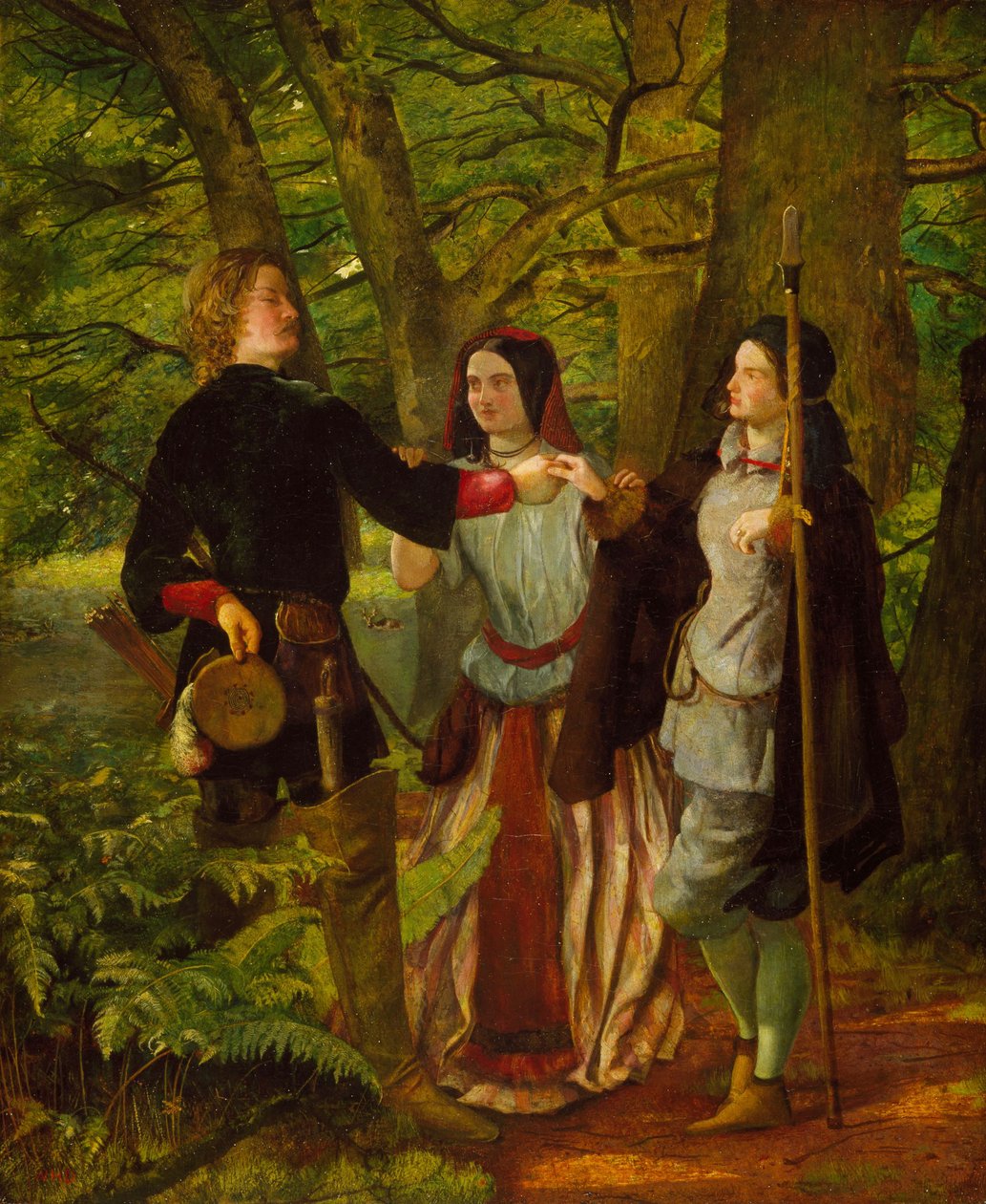 Jak wam się podoba - Akt IV Scena I - Rosalind udziela korepetycji Orlando podczas ceremonii małżeństwa lub udawanego małżeństwa Orlando i Rosalind, 1850 autorstwa Walter Howell Deverell
