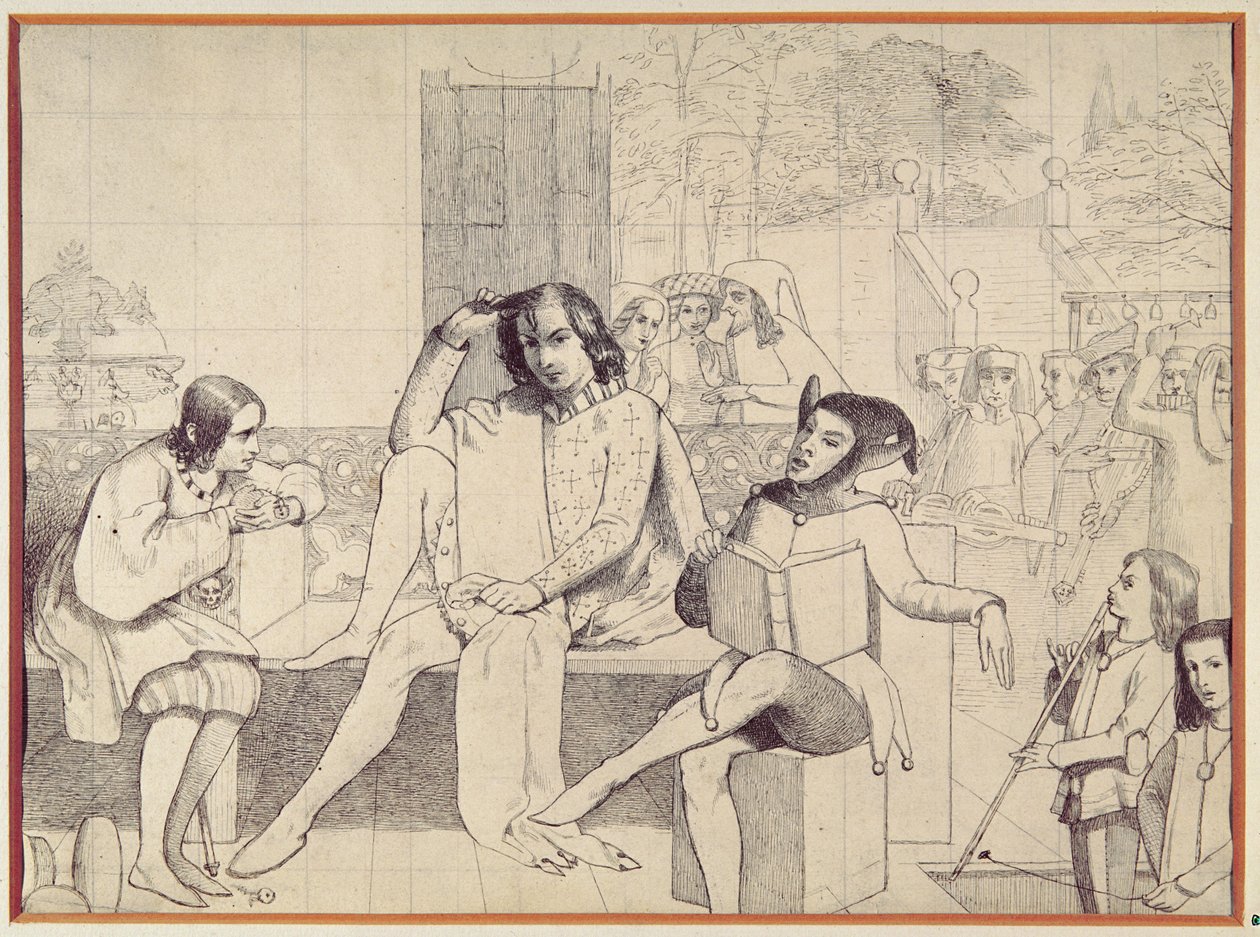 Dwunasta Noc, ok. 1850 (rysunek piórem) autorstwa Walter Howell Deverell