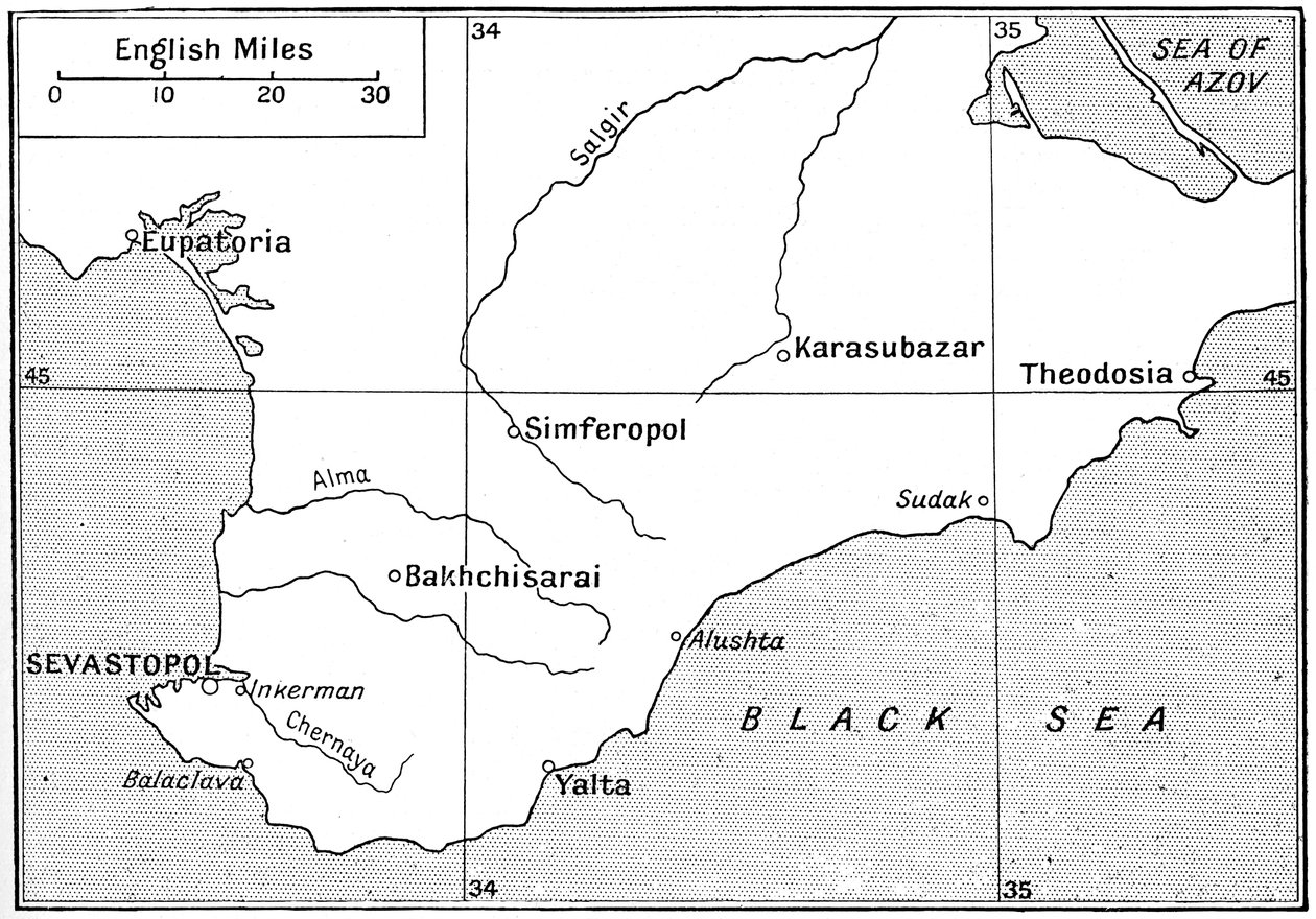 Mapa obszaru, na którym toczyła się wojna krymska w latach 50. XIX w., ok. 1920 r. autorstwa Walter Hutchinson