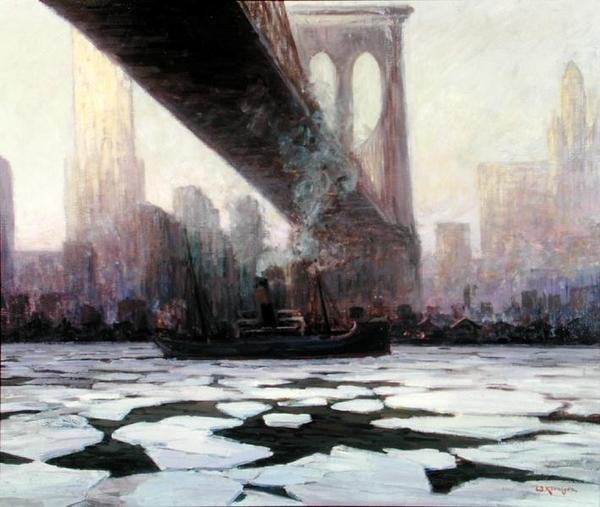 Statek w lodowatej wodzie pod mostem Brooklyn (olej na płótnie) autorstwa Walter Koeniger