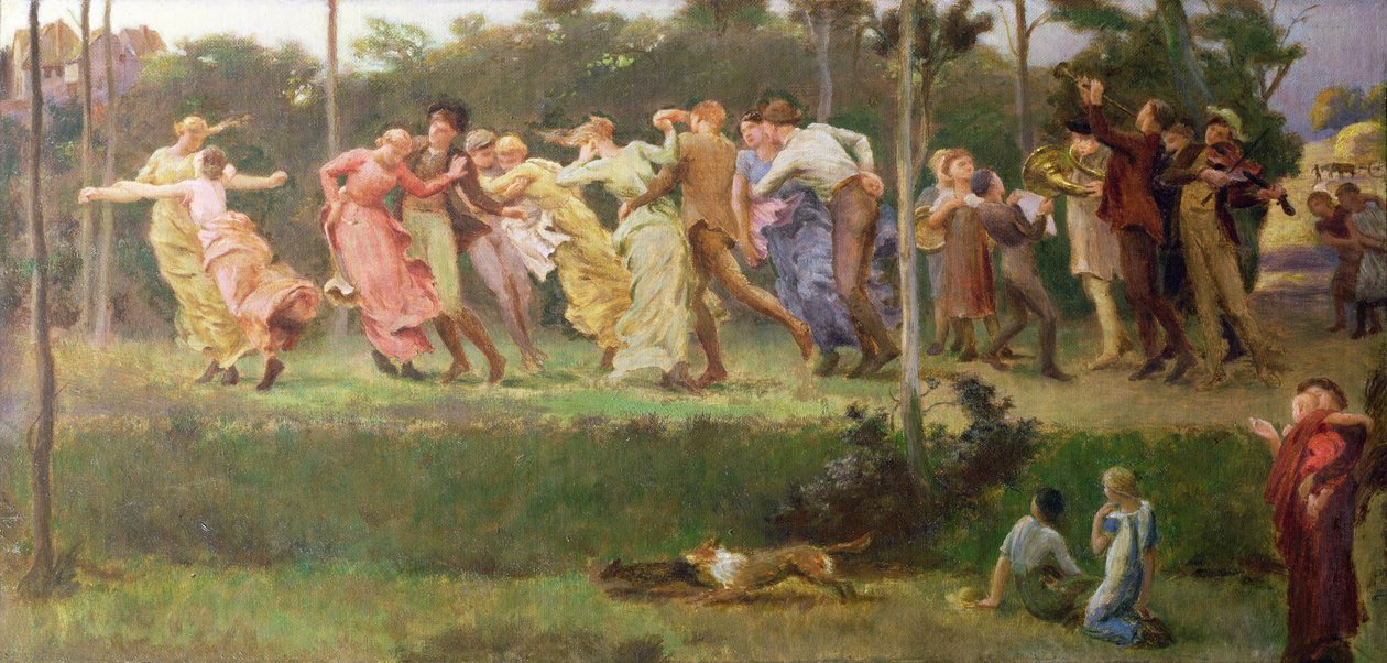 Taniec dożynkowy, 1904 (olej na płótnie ułożony na płycie) autorstwa Walter Mclaren