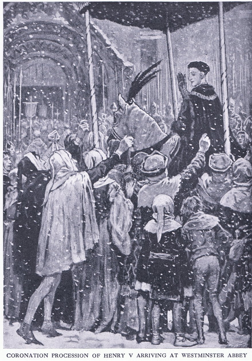 Korowód koronacyjny Henryka V przybywający do Opactwa Westminsterskiego 1413, z Cassells History of the British People opublikowanej przez Waverley Book Company Limited, ok. 1940 r. autorstwa Walter Paget
