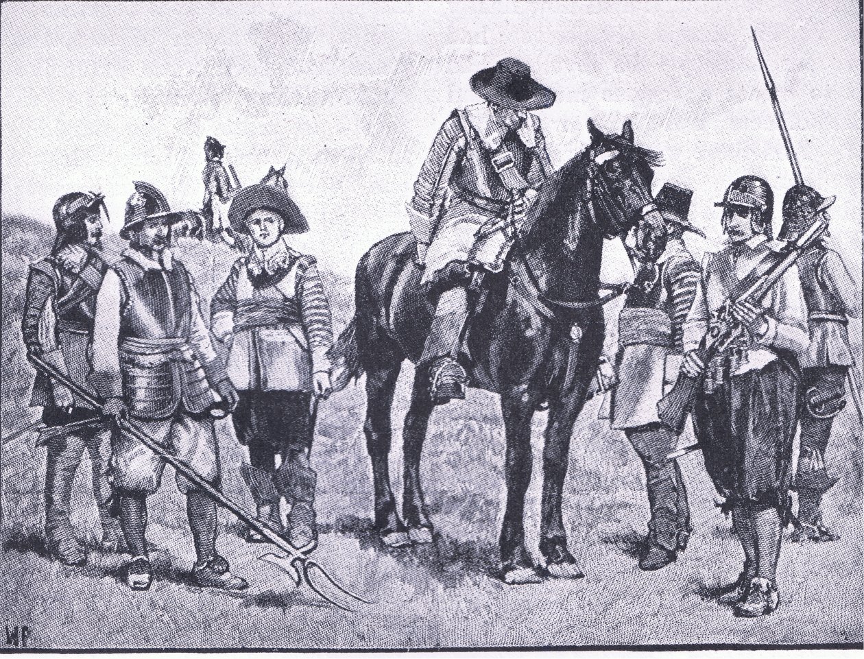Rodzaje cromwellowskiej żołnierstwa, ilustracja z Historii narodu brytyjskiego wydanej przez Waverley, ok.1940 (lito) autorstwa Walter Paget