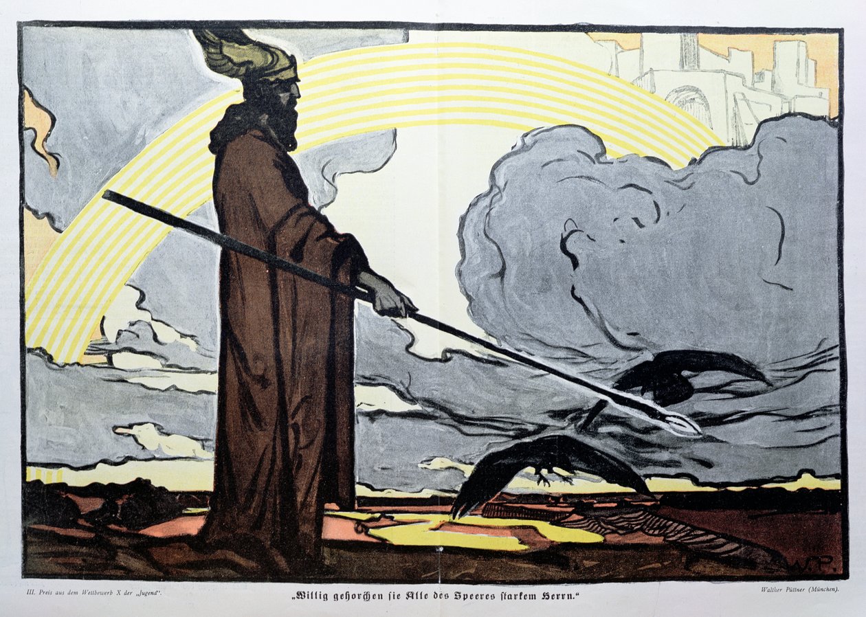 Odyn ze swoimi dwoma krukami, Huginem (myśl) i Muninem (pamięć). autorstwa Walter Puttner