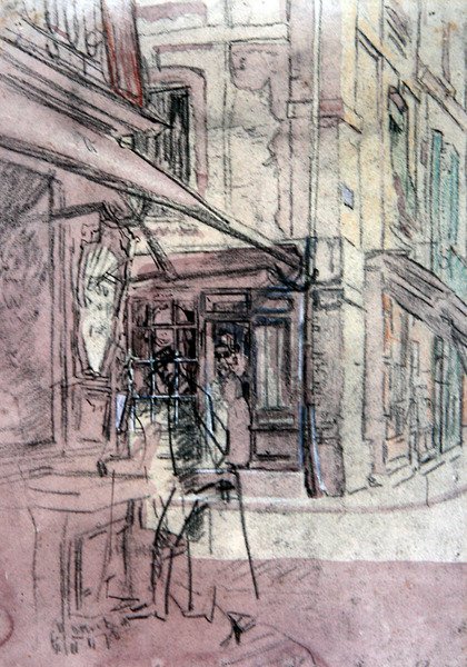Sklep w Dieppe, ok. 1907 (tusz, kolorowy pastel i akwarela na papierze) autorstwa Walter Richard Sickert