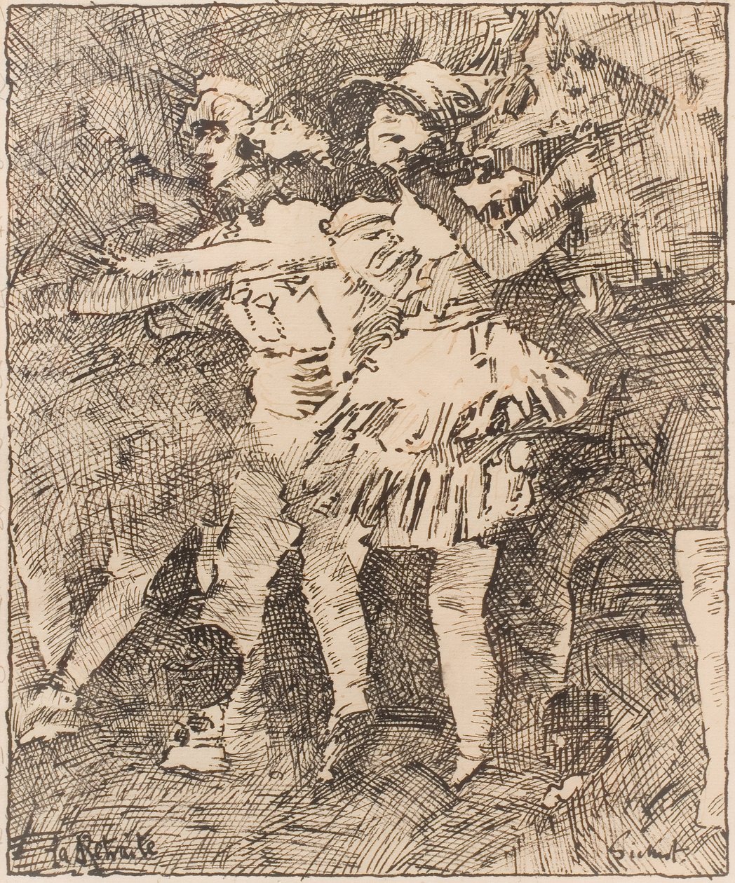 La Retraite: "Cheerio", ok. 1928 (pióro i czarno-czerwony tusz na papierze) autorstwa Walter Richard Sickert