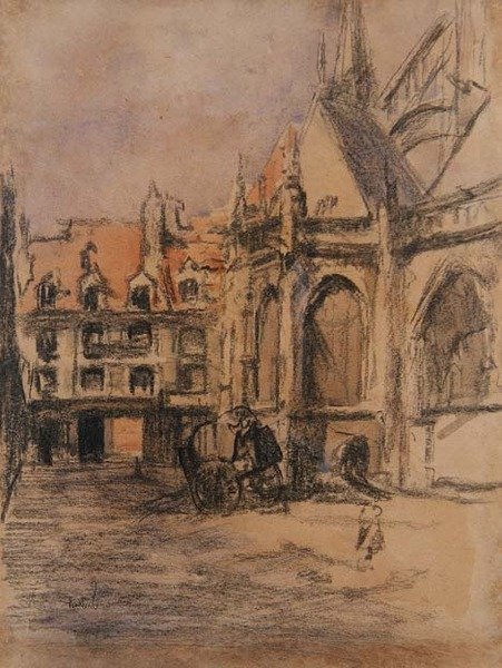 Rue Sainte Catherine i stare arkady, Dieppe, ok. 1900 (węgiel i akwarela) autorstwa Walter Richard Sickert