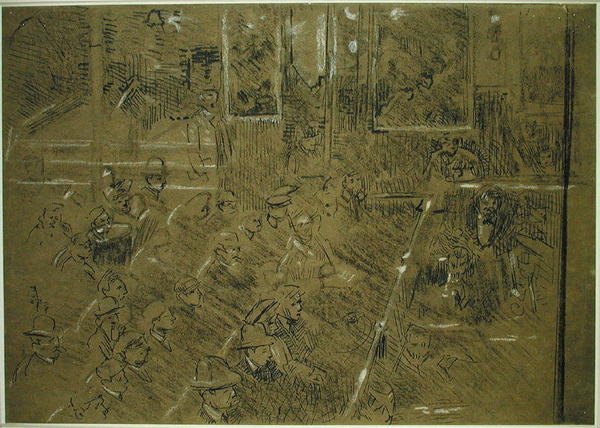 Studium dla publiczności do „The Old Middlesex” c.1906-07 (brązowo-biała kredka, długopis i czarny tusz na brązowym papierze) autorstwa Walter Richard Sickert