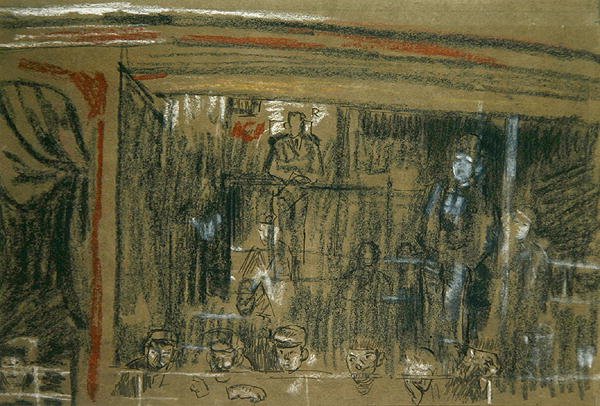 Ucz się dla publiczności w „The Old Middlesex” (kredka, długopis i atrament na papierze) autorstwa Walter Richard Sickert