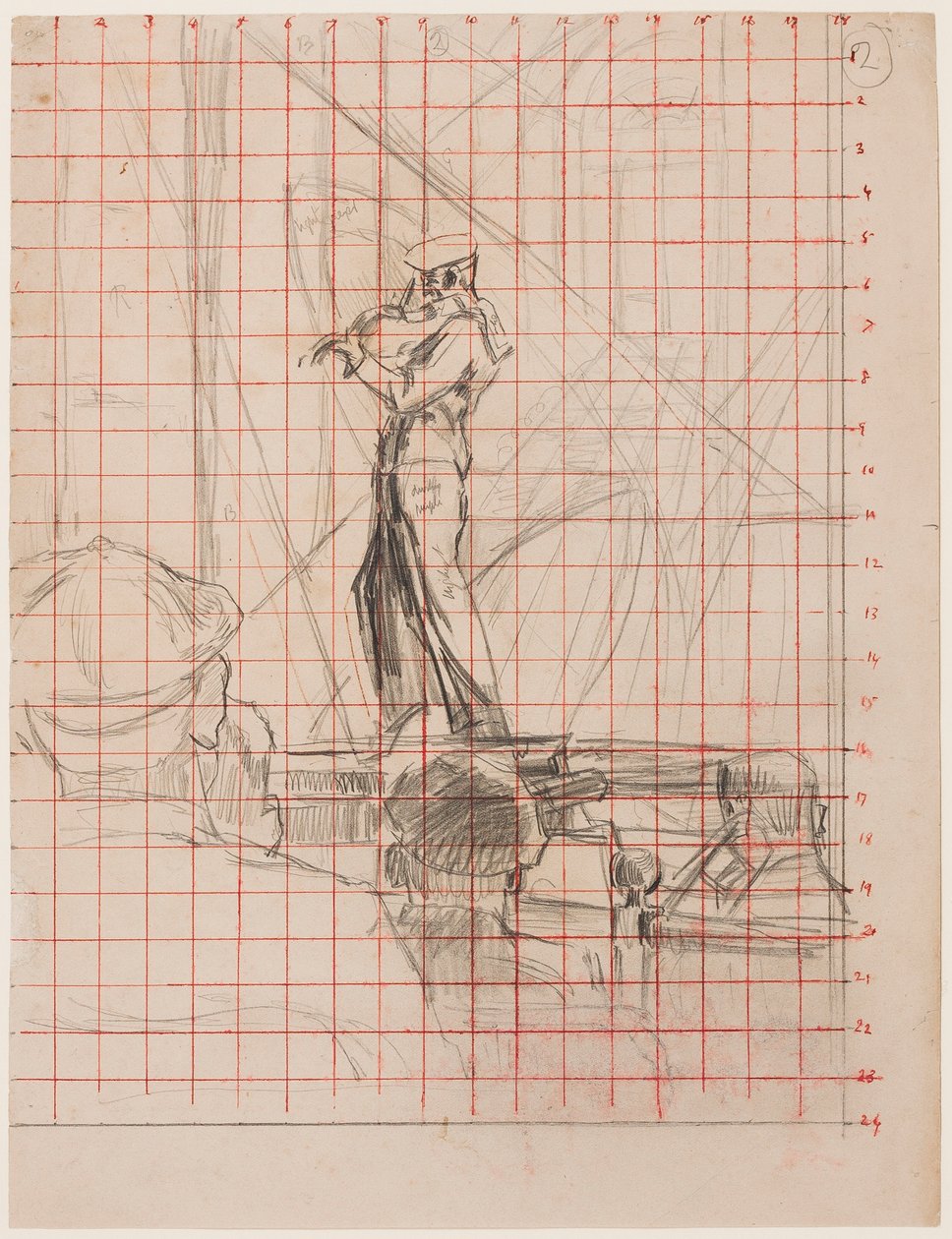 Skrzypek, 192223 (ołówek na papierze do kwadratu do przeniesienia czerwonym tuszem) autorstwa Walter Richard Sickert
