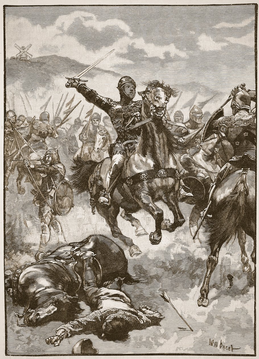 Czarny książę w bitwie pod Crecy, ilustracja z „Ilustrowanej historii Anglii Cassella” (zdjęcie w sepii) autorstwa Walter Stanley Paget