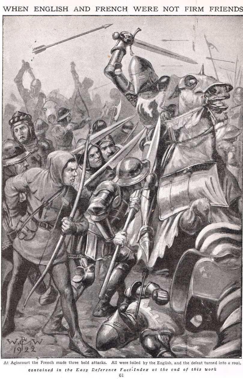 Kiedy Francuzi i Anglicy walczyli w Agincourt, ilustracja „Newnes Pictorial Book of Knowledge”, c.1920 autorstwa Walter Stanley Paget