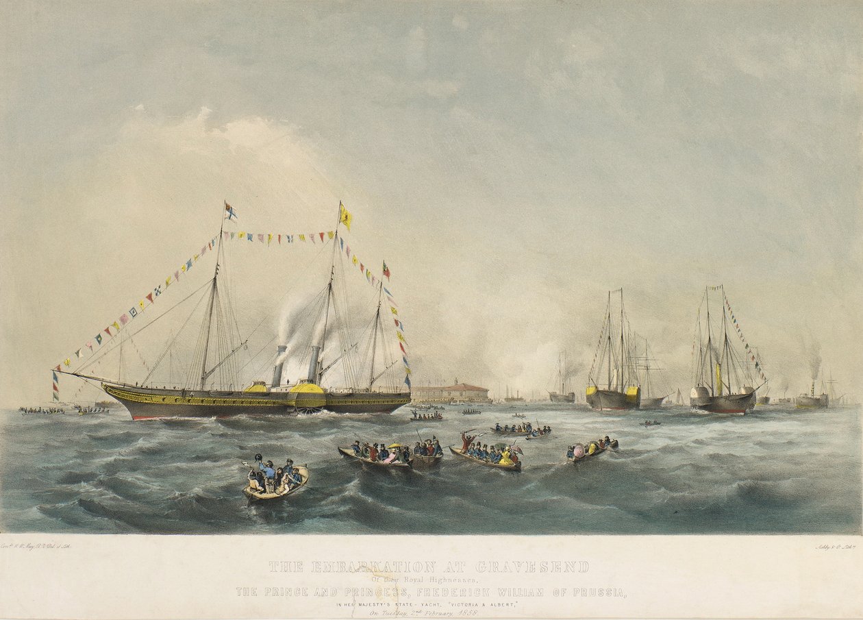 Zaokrętowanie księcia pruskiego Fryderyka Wilhelma IV (1795-1861) i jego żony Elżbiety Bawarskiej (1801-1873) na pokładzie statku Victoria and Albert w Gravesend, Anglia, 2 lutego. autorstwa Walter William May