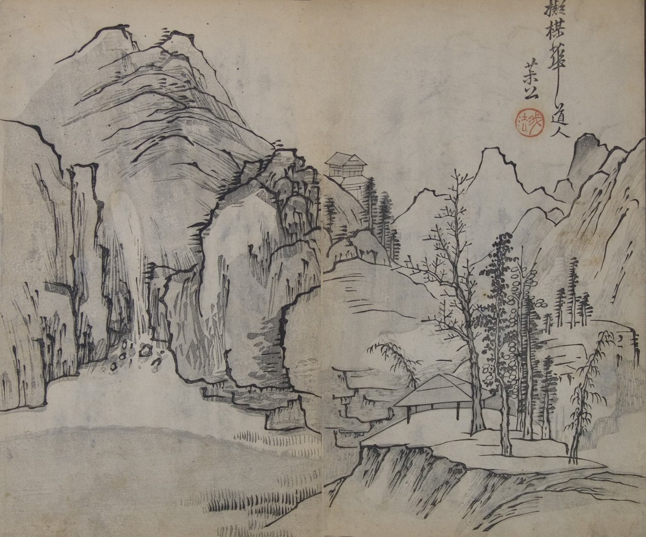 Krajobraz według Wu Zhen 1280-1354, z Podręcznika Ogrodu Nasiennego Gorczycy z..., wydanie pierwsze, 1679. autorstwa Wang Gai