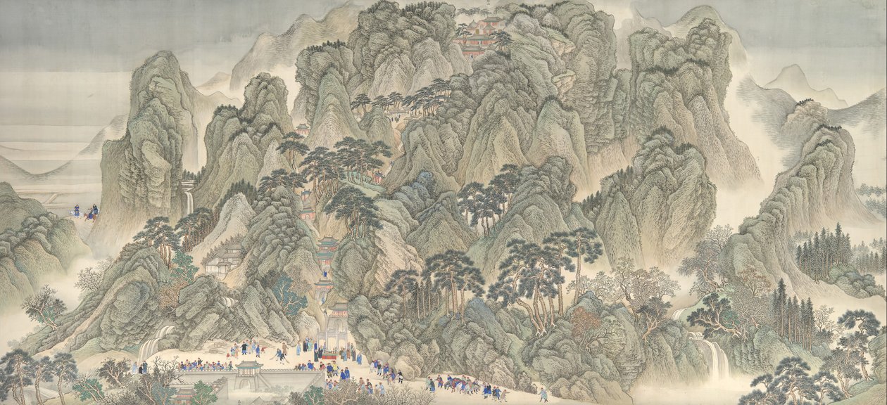 Południowa wycieczka inspekcyjna cesarza Kangxi, zwój trzeci: Jinan do góry Tai, tabela danych do 1698 roku. autorstwa Wang Hui