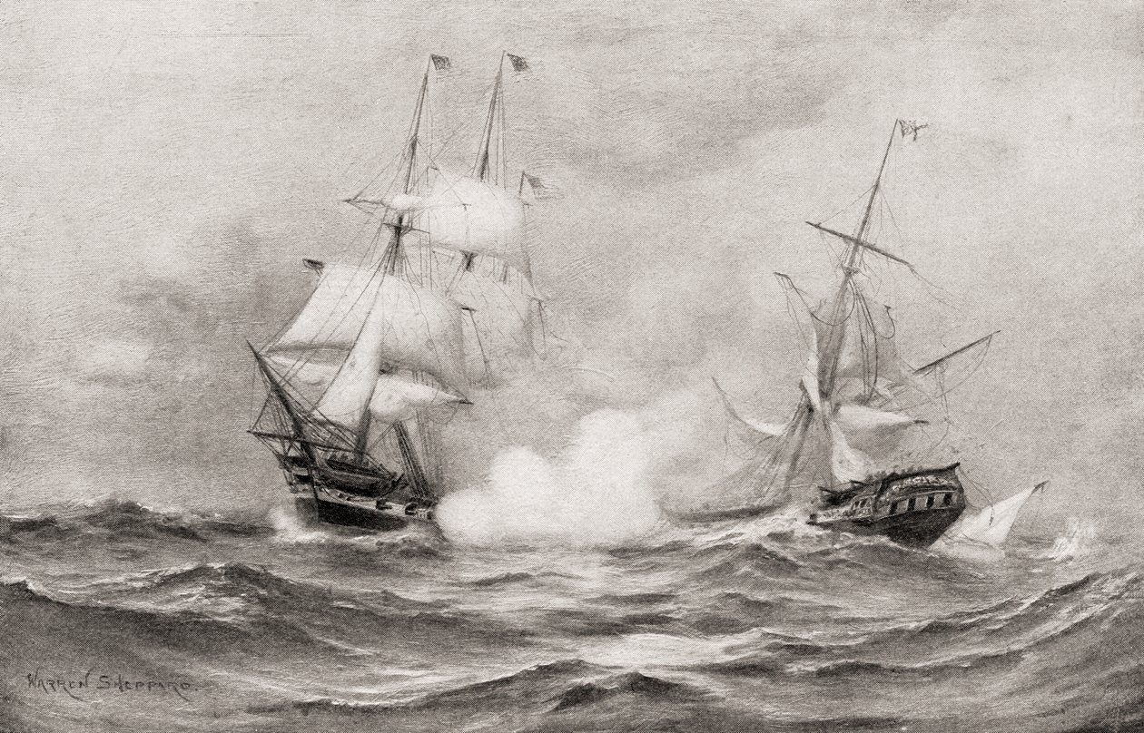 Walka pomiędzy USS Constitution i HMS Guerriere, podczas wojny 1812 roku, około 400 mil na południowy wschód od Halifax, Nowa Szkocja, z The History of Our Country, opublikowanej w 1905 roku. autorstwa Warren Sheppard