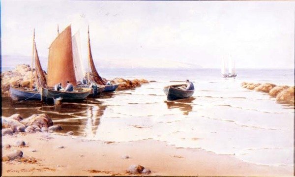 Landing the Catch (prawdopodobnie Cemaes Bay, Anglesey) (akwarela na papierze) autorstwa Warren Williams