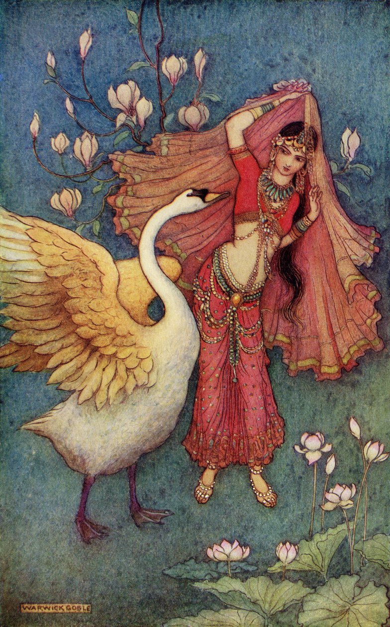 Damayanti i łabędź, ilustracja z „Indian Myth and Legend” Donalda A. Mackenzie, opublikowanej w 1913 roku autorstwa Warwick Goble