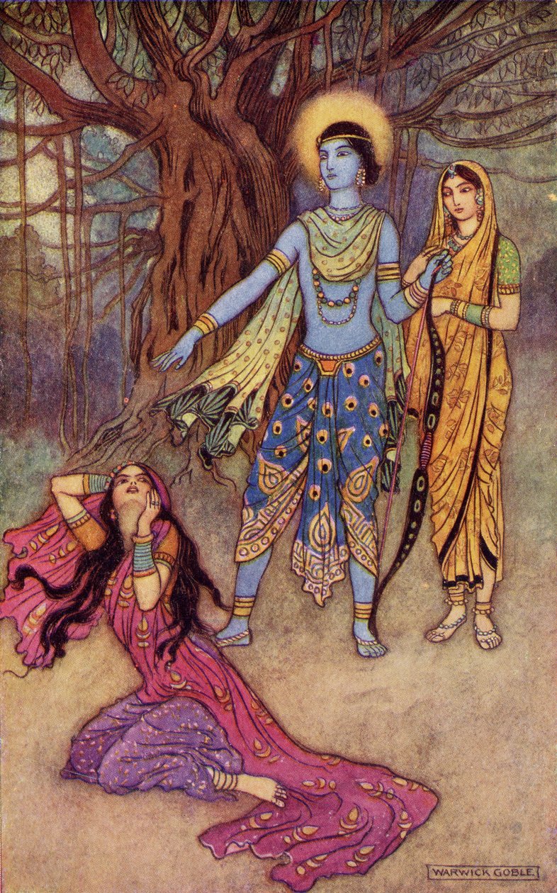 Rama Spurns the Demon Lover, ilustracja z „Indian Myth and Legend” Donalda A. Mackenzie, opublikowana w 1913 roku autorstwa Warwick Goble