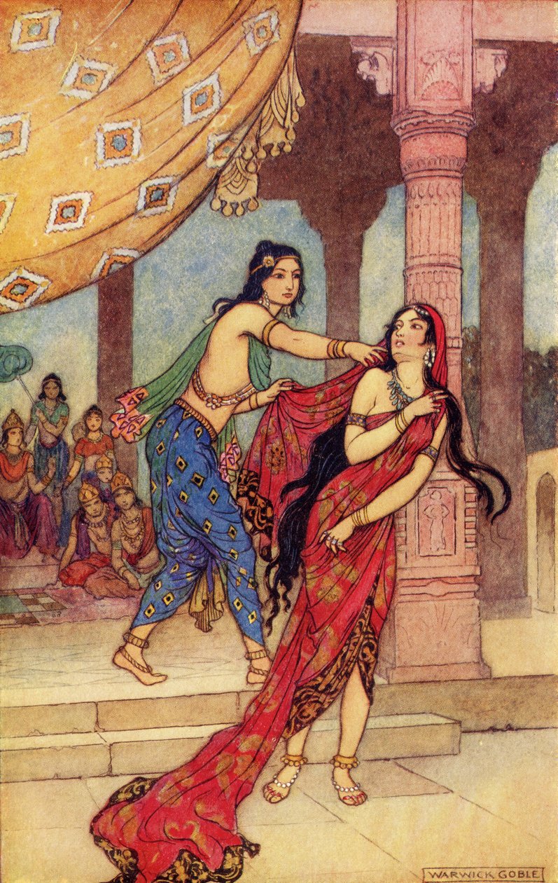 Próba królowej Draupadi, ilustracja z „Indian Myth and Legend” Donalda A. Mackenzie, opublikowana w 1913 roku autorstwa Warwick Goble