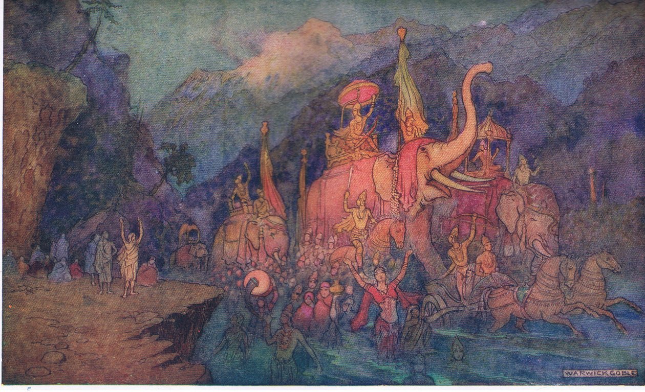 Powrót bohaterów poległych w bitwie autorstwa Warwick Goble
