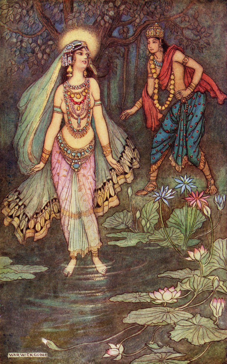 Shantanu Meets the Goddess Ganga, ilustracja z książki "Indian Myth and Legend" autorstwa Donalda A. Mackenzie, opublikowanej w 1913 r. (kolorowa litografia) autorstwa Warwick (after) Goble