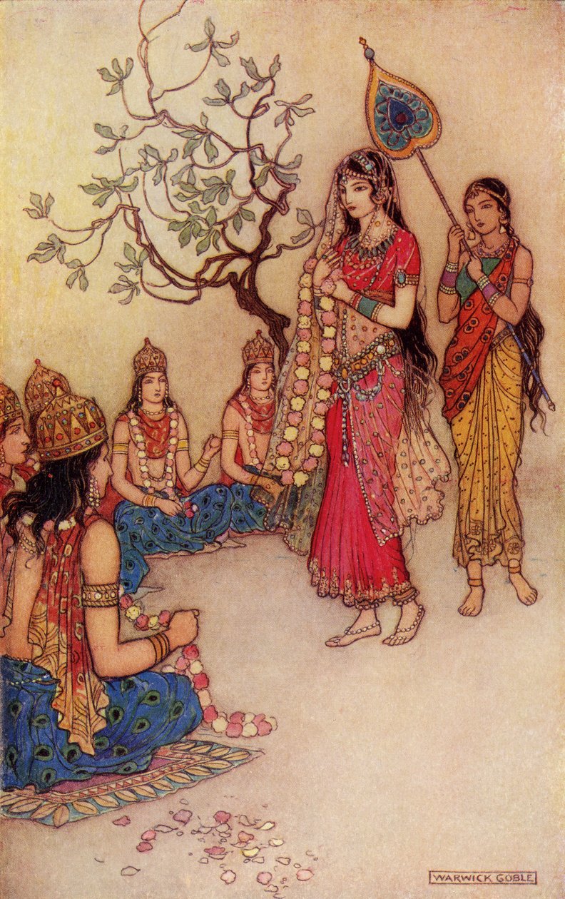 Damatanti Wybór męża, ilustracja z „Indian Myth and Legend” Donalda A. Mackenzie, opublikowana w 1913 roku autorstwa Warwick Goble
