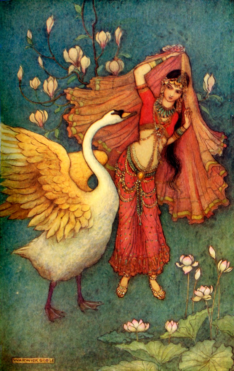 „Damayanti i łabędź”, 1913. autorstwa Warwick Goble
