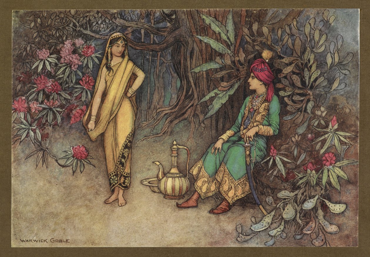 Tablica 12: „Zdobyłabyś pałac najpotężniejszego władcy”, z Folk-Tales of Bengal ... Z 32 kolorowymi ilustracjami Warwicka Goble (Edition de luxe) 1914 (kolor litho) autorstwa Warwick Goble