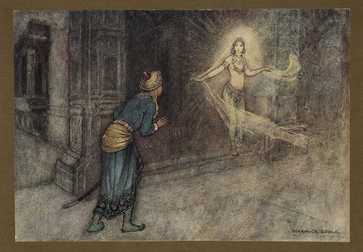 Tablica 13: "Widział piękną kobietę wychodzącą z pałacu", z Folk-Tales of Bengal ... Z 32 kolorowymi ilustracjami Warwicka Goble (Edition de luxe.) 1914 (kolor lito) autorstwa Warwick Goble