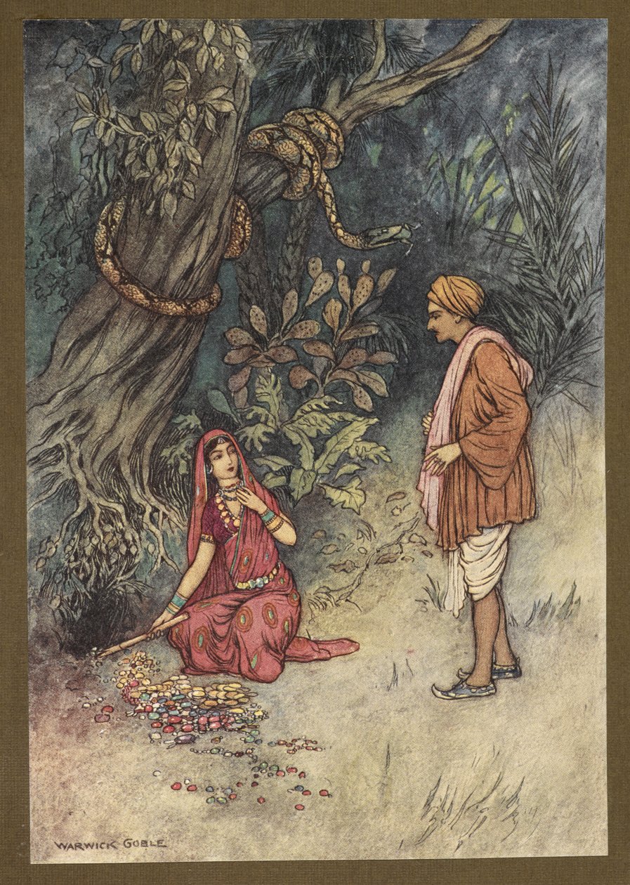 Tablica 14: „Mężu, weź całą tę dużą ilość złota i tych drogocennych kamieni”, z Folk-Tales of Bengal ... Z 32 kolorowymi ilustracjami Warwicka Goble (Edition de luxe) autorstwa Warwick Goble
