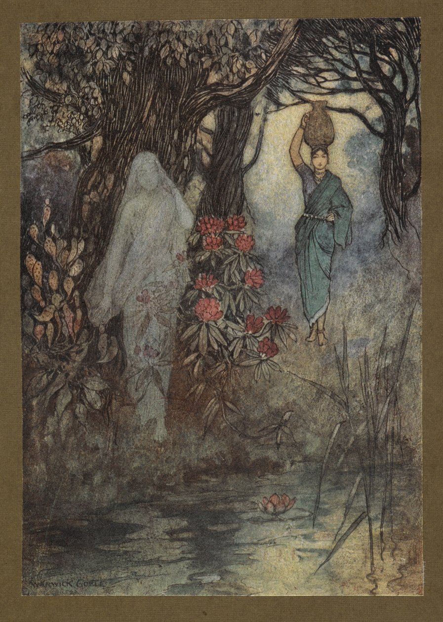 Tablica 18: „Żona Brahmana miała okazję iść do zbiornika, a gdy szła, została otarta przez Sankchinni”, z Folk-Tales of Bengal ... Z 32 kolorowymi ilustracjami Warwicka Goble