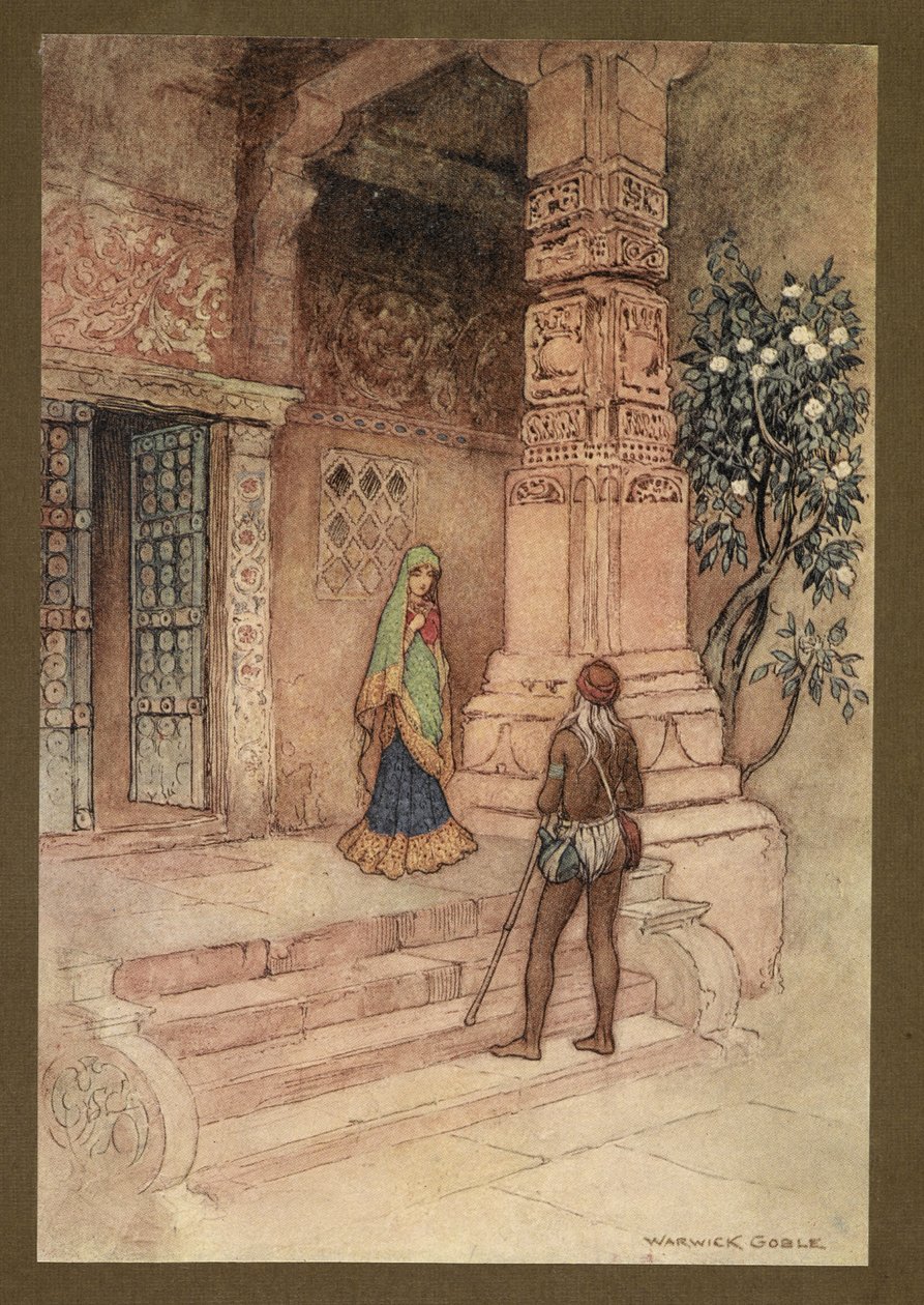 Płyta 1: „Królowa Suo podeszła do drzwi z garścią ryżu”. z Folk-Tales of Bengal ... Z 32 kolorowymi ilustracjami Warwicka Goble