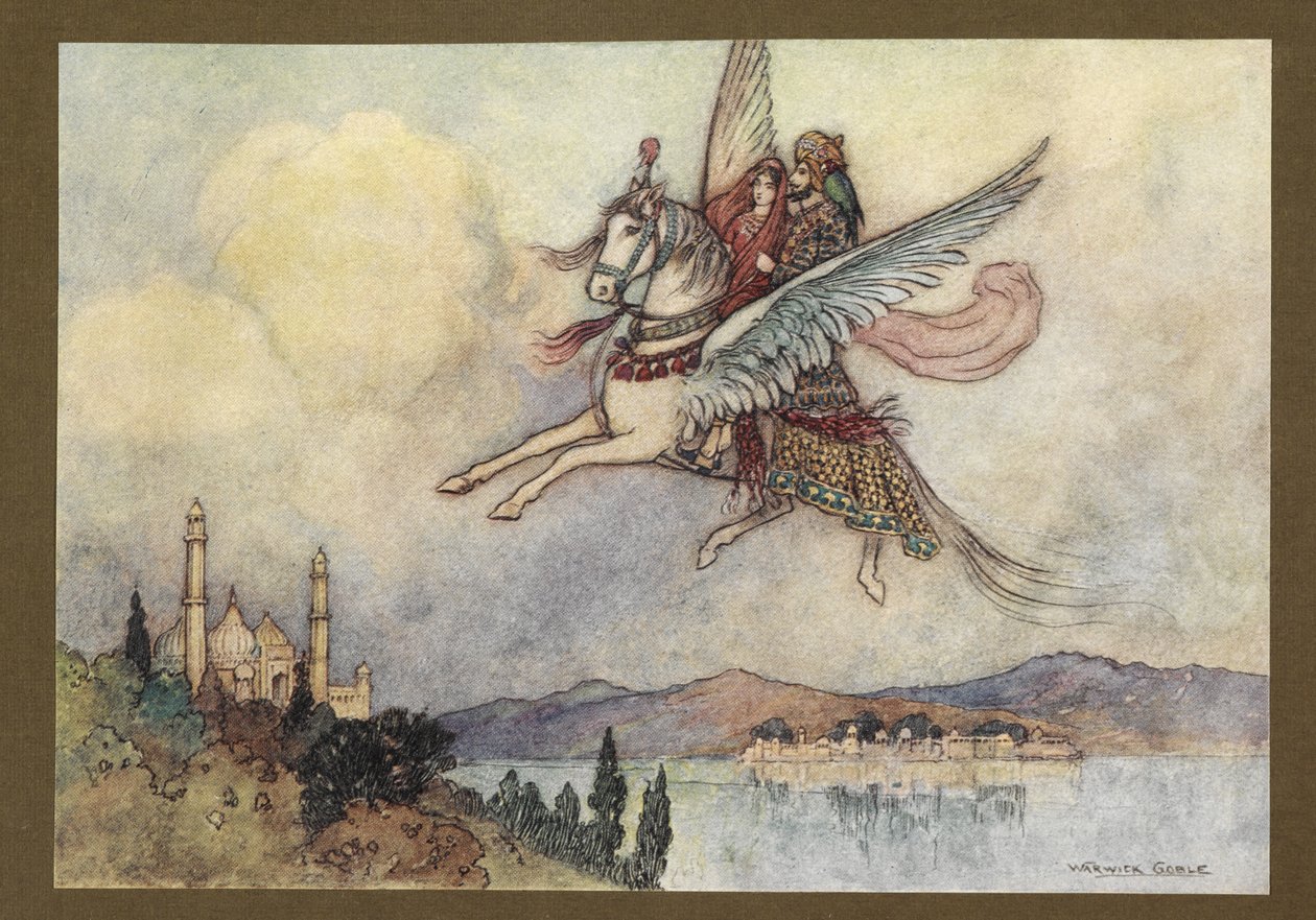 Tablica 20: „Kobieta, król i hiraman wszyscy dotarli do stolicy króla cały i zdrowy”, z Folk-Tales of Bengal ... Z 32 kolorowymi ilustracjami Warwicka Goble