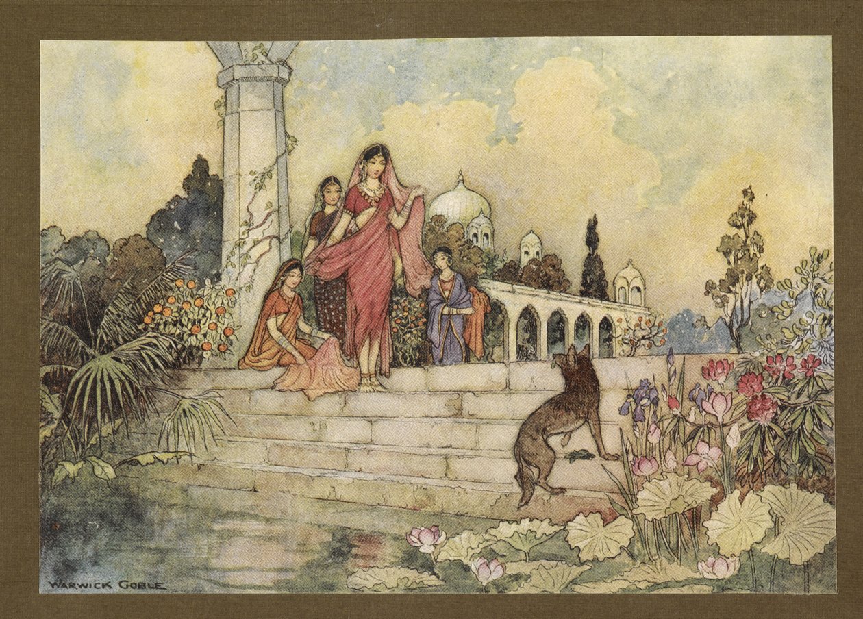 Ilustracja 23: „Szakal… otworzył swoje zawiniątko liści betelu, włożył trochę do ust i zaczął je żuć”, z Folk-Tales of Bengal… Z 32 kolorowymi ilustracjami Warwicka Goble