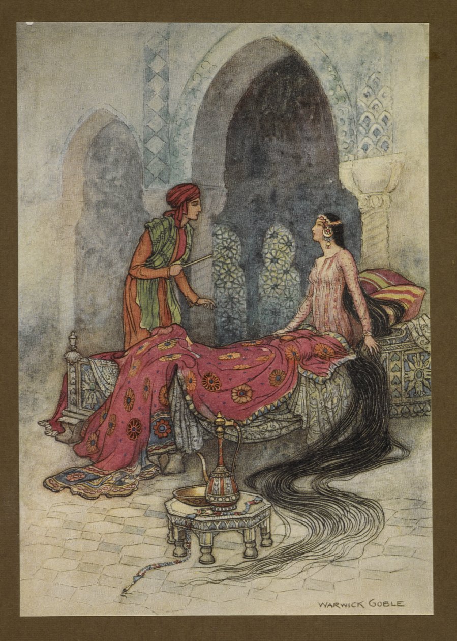 Tablica 6: "Błyskawicznie się obudziła, usiadła w swoim łóżku i przyglądając się nieznajomemu, zapytała kim on jest", z Folk-Tales of Bengal... Z 32 kolorowymi ilustracjami Warwicka Goble